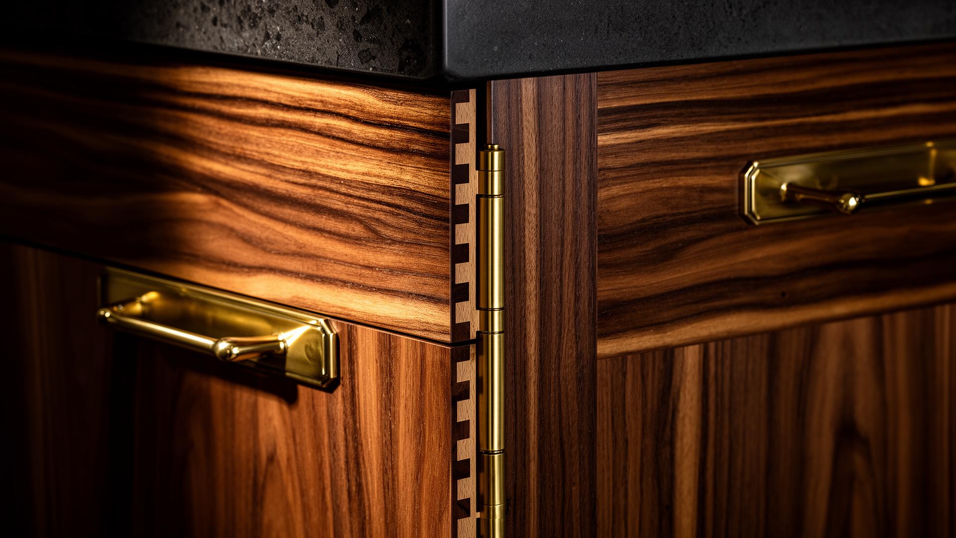 Macro detail of bespoke walnut cabinetry with hand-forged brass hardware