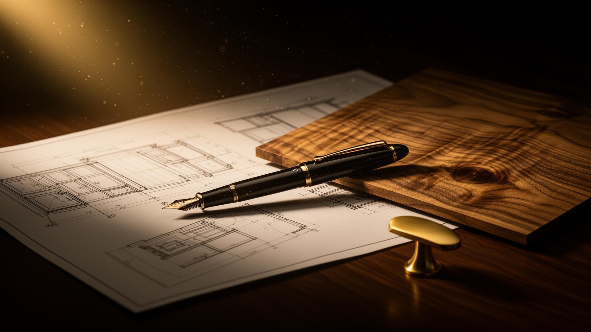 A fountain pen resting on cabinet shop drawings